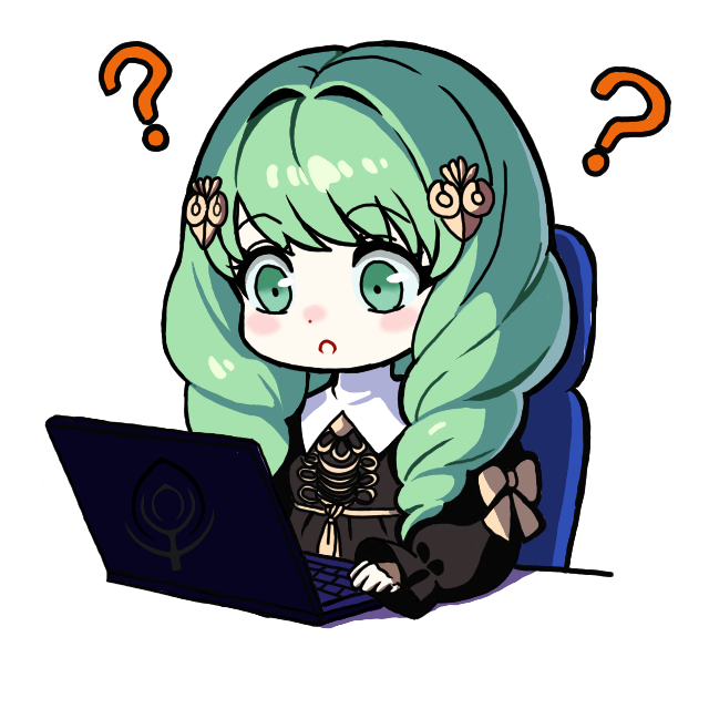 nekomoni, flayn (fire emblem), fire emblem, fire emblem: three houses, nintendo, 1girl, ?, chibi, chibi only, computer, drill hair, garreg mach monastery uniform, green eyes, green hair, hair ornament, hairclip, laptop, long hair, looking at object, solo, twin drills