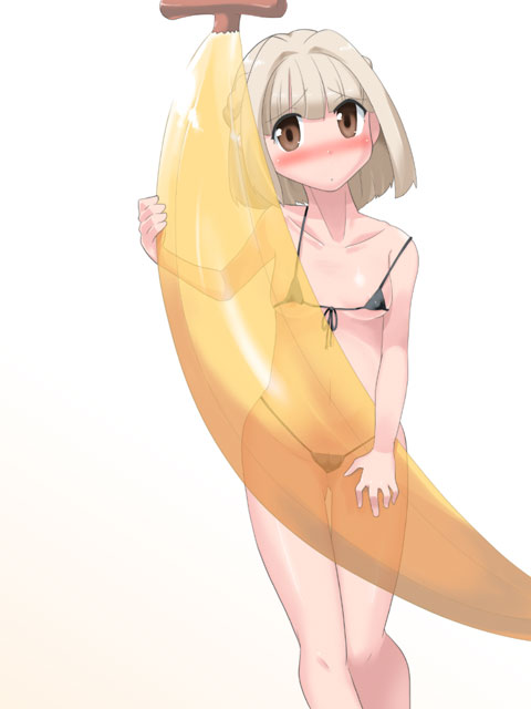 toku sonchou, nazuna (hidamari sketch), hidamari sketch, 00s, 1girl, banana, banana boat, bikini, blonde hair, blush, female focus, food, front-tie bikini top, front-tie top, fruit, holding, holding food, holding fruit, micro bikini, solo, strap slip, swimsuit