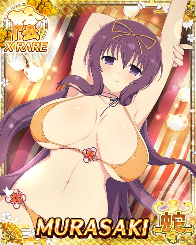 murasaki (senran kagura), senran kagura, senran kagura new wave, game cg, non-web source, 1girl, armpits, arms up, bikini, breasts, card (medium), cleavage, closed mouth, drooping, holding own arm, huge breasts, light blush, long hair, looking at viewer, lying, micro bikini, navel, on back, orange bikini, purple eyes, purple hair, smile, solo, swimsuit, very long hair