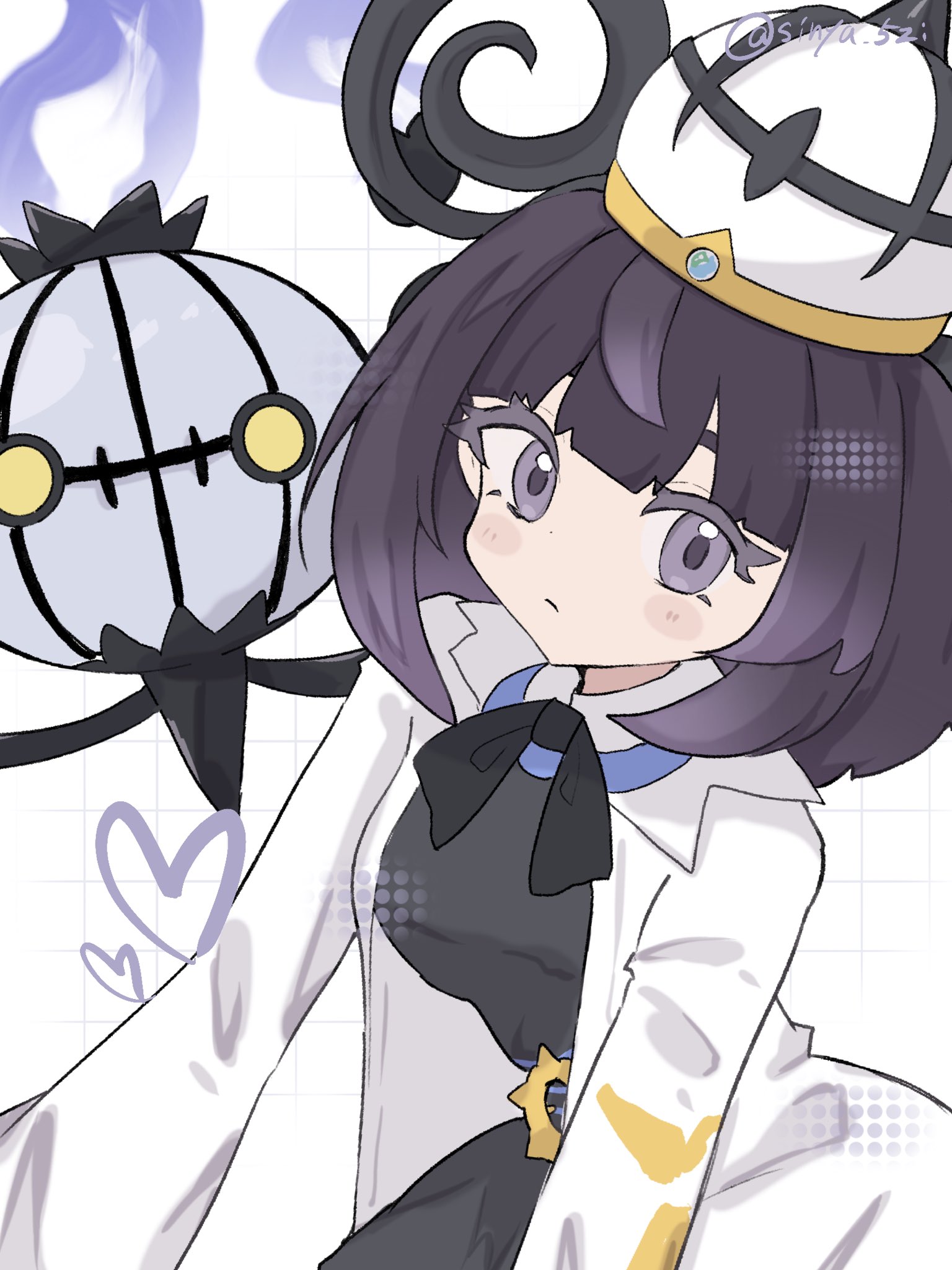 sinya 5zi, chandelure, gwynn (pokemon), nintendo, pokemon, pokemon legends: z-a, highres, 1girl, black dress, bob cut, closed mouth, coat, dress, eyelashes, gen 5 pokemon, grid background, hat, heart, long sleeves, looking at viewer, open clothes, open coat, pokemon (creature), purple eyes, purple hair, short hair, twitter username, white coat, white hat