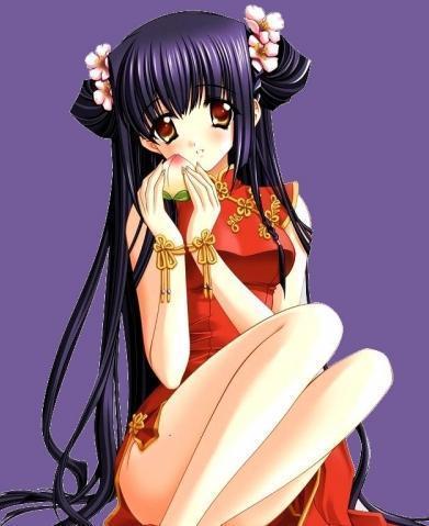 kao no nai tsuki, lowres, 00s, blush, brown eyes, china dress, chinese clothes, dress, flower, food, fruit, long hair, peach, purple hair, thighhighs
