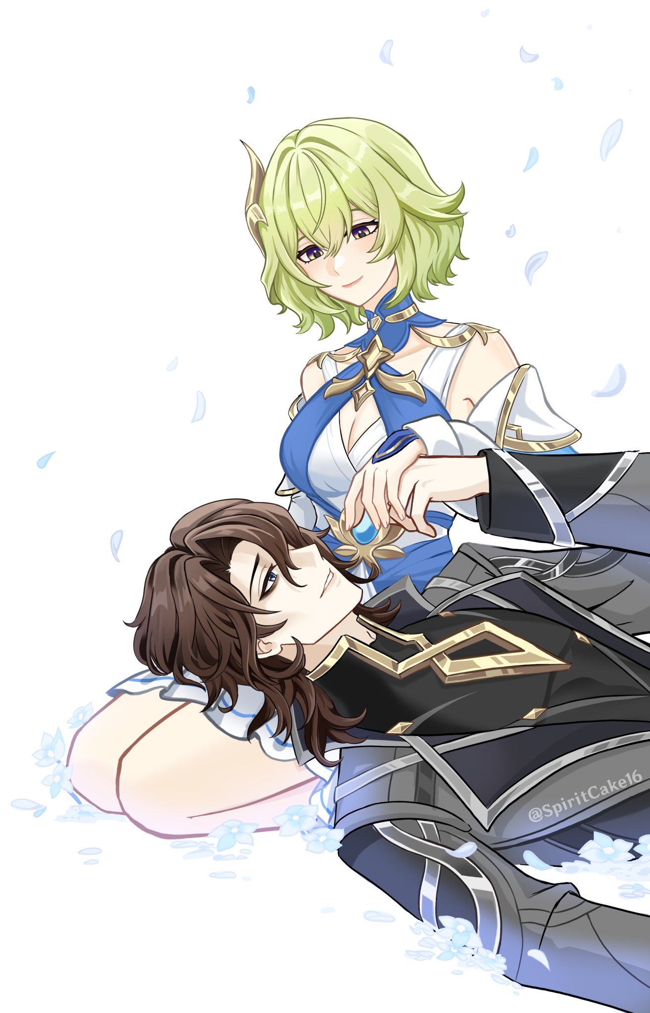 spiritcake16, rerir (genshin impact), genshin impact, highres, 1boy, 1girl, blonde hair, blue eyes, brown hair, dress, holding hands, lap pillow, short hair, smile, tholindis (genshin impact), white dress