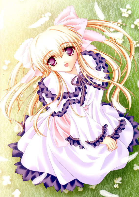 blonde hair, frills, hair ribbon, lace, long hair, open mouth, red eyes, ribbon