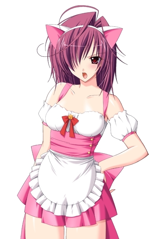 animal ears, blush, cat ears, hair over one eye, hand on own hip, hip focus, long hair, maid, open mouth, purple hair, red eyes, thighhighs