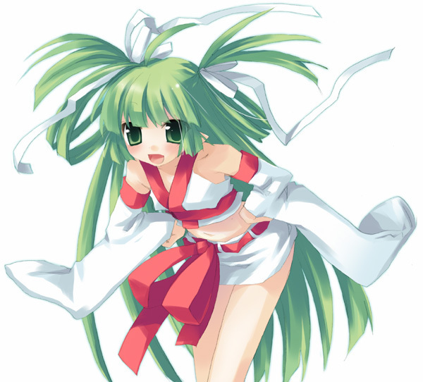 tagme, blush, green eyes, green hair, hair ribbon, long hair, open mouth, ribbon