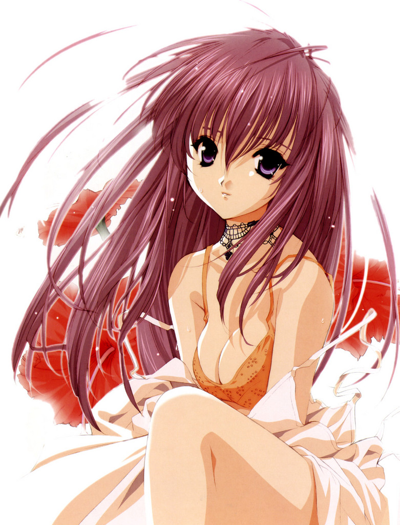 tenhiro naoto, chikage (sister princess), sister princess, 00s, 1girl, breasts, choker, cleavage, female focus, flower, long hair, purple eyes, purple hair, smile, solo, thighhighs