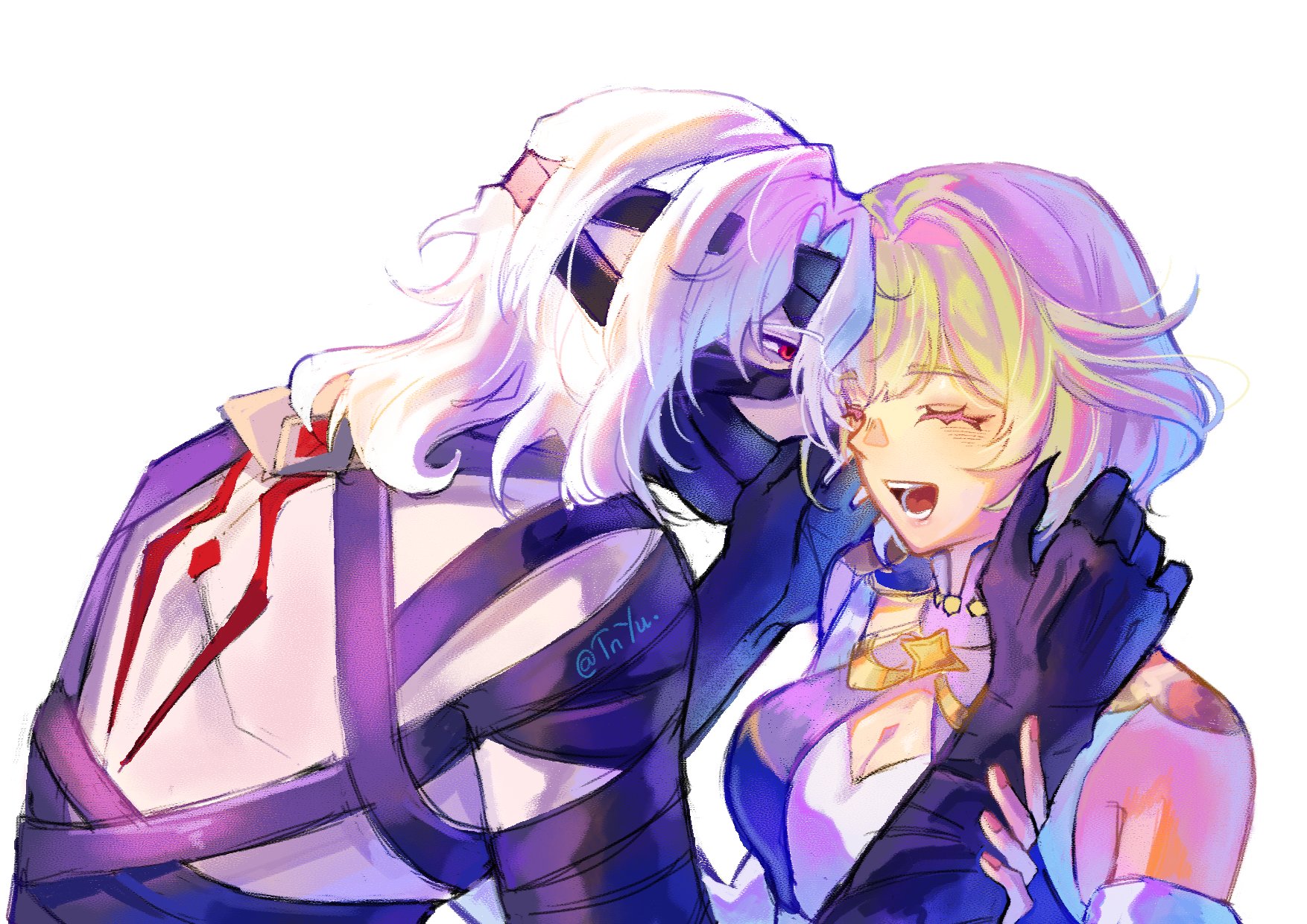 tnyuu911, rerir (genshin impact), genshin impact, highres, 1boy, 1girl, bandages, blonde hair, blush, closed eyes, laughing, long hair, short hair, smile, tholindis (genshin impact), white hair