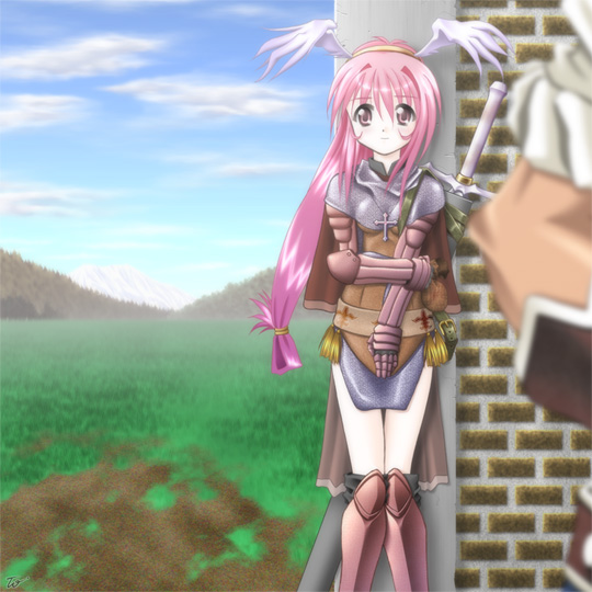 blacksmith (ragnarok online), knight (ragnarok online), ragnarok online, commentary request, 1boy, 1girl, 2000s (style), armor, armored boots, armored skirt, black socks, blue sky, boots, brown cape, cape, chainmail, closed mouth, cloud, fake wings, feathered wings, feet out of frame, gauntlets, head wings, long hair, outdoors, pauldrons, pink hair, shoulder armor, sky, socks, solo focus, standing, sword, sword on back, tozawa (pixiv111547), weapon, weapon on back, white wings, wings