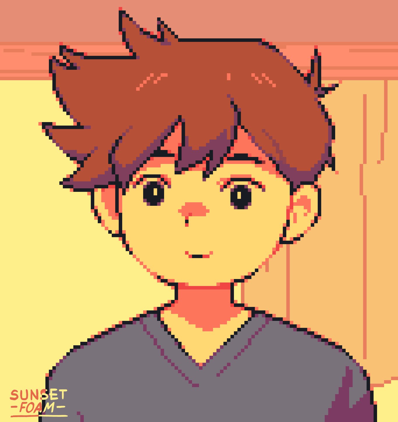 duskey (sunsetfoam), hero (faraway) (omori), hero (omori), omori, highres, 1boy, black eyes, blue shirt, brown hair, closed mouth, curtains, dot nose, hair between eyes, looking ahead, male focus, pixel art, shirt, short hair, smile, solo, thousand yard stare, twitter username, upper body, v-neck