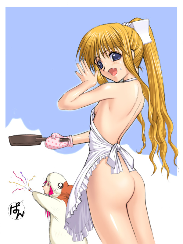 kamio misuzu, air (visual novel), 00s, animal costume, apron, ass, blonde hair, blue eyes, flat chest, frying pan, hair ribbon, long hair, naked apron, no bra, no panties, oven mitts, ponytail, red hair, ribbon, solo