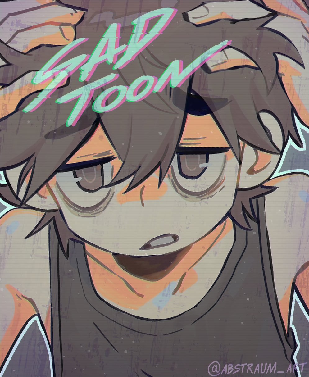 duskey (sunsetfoam), omori (omori), omori, highres, 1boy, arms up, black eyes, black hair, black tank top, collarbone, colored skin, double-parted bangs, english text, hair between eyes, hands on own head, instagram username, looking at viewer, male focus, parted lips, short hair, solo, tank top, upper body, white skin