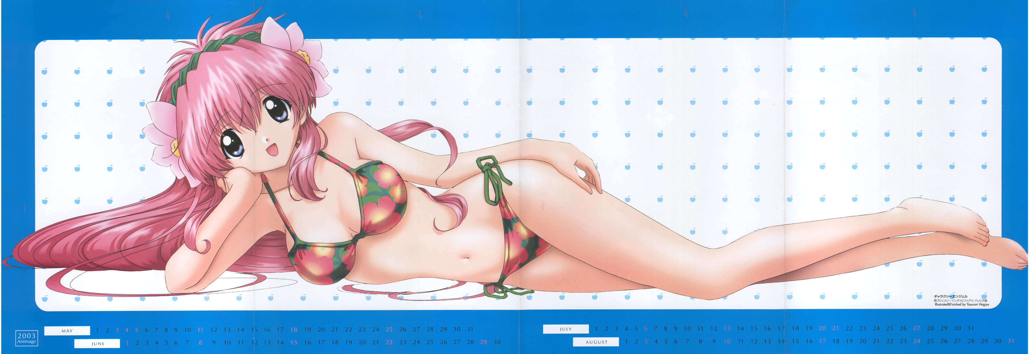 hagiya yasunari, milfeulle sakuraba, galaxy angel, absurdres, highres, long image, scan, wide image, 00s, 1girl, arm support, barefoot, bikini, blue eyes, crease, feet, female focus, flower, long hair, pink hair, red hair, side-tie bikini bottom, solo, swimsuit