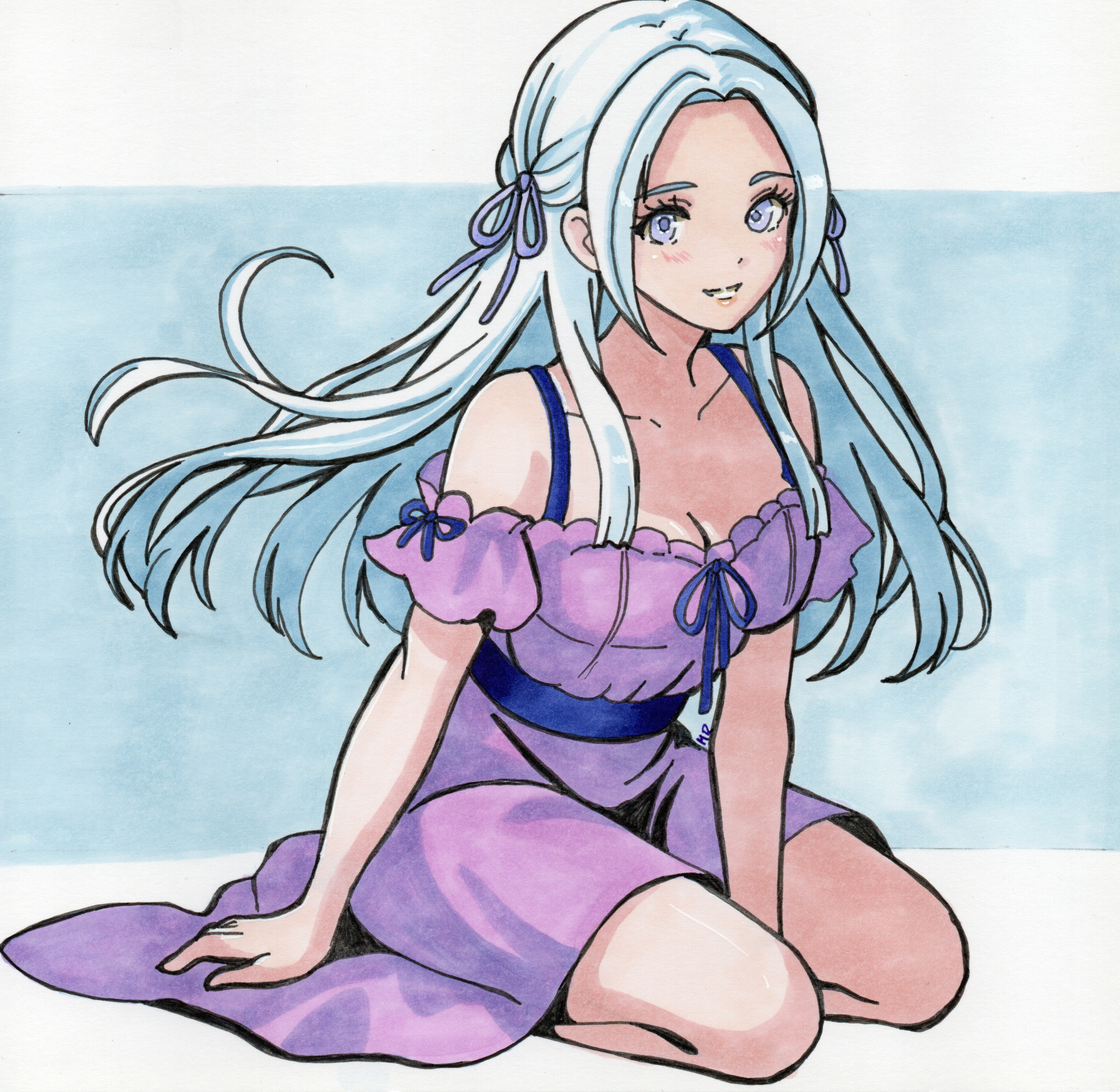 nekomoni, edelgard von hresvelg, fire emblem, fire emblem: three houses, nintendo, absurdres, highres, 1girl, alternate costume, breasts, cleavage, hair ribbon, long hair, looking at viewer, medium breasts, purple eyes, purple ribbon, ribbon, white hair