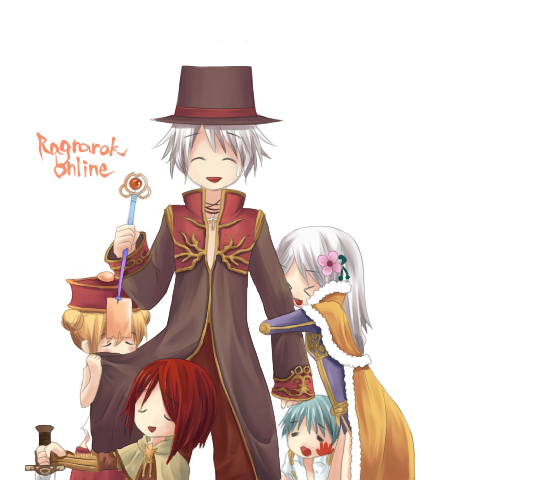 blacksmith (ragnarok online), priest (ragnarok online), swordsman (ragnarok online), taekwon (ragnarok online), wizard (ragnarok online), ragnarok online, commentary request, 2000s (style), 2boys, 3girls, arm hug, black coat, blonde hair, brown cape, brown capelet, cape, capelet, closed eyes, coat, copyright name, cowboy shot, cross, cross necklace, double bun, flower, fur-trimmed cape, fur trim, gold trim, green hair, hair bun, hair flower, hair ornament, hat, holding, holding staff, jewelry, long hair, long sleeves, looking at viewer, multicolored coat, multiple boys, multiple girls, necklace, open mouth, pink flower, qingdai guanmao, red coat, red hair, red hat, short hair, simple background, slap mark, smile, staff, tagune325, top hat, two-tone coat, white background, white hair