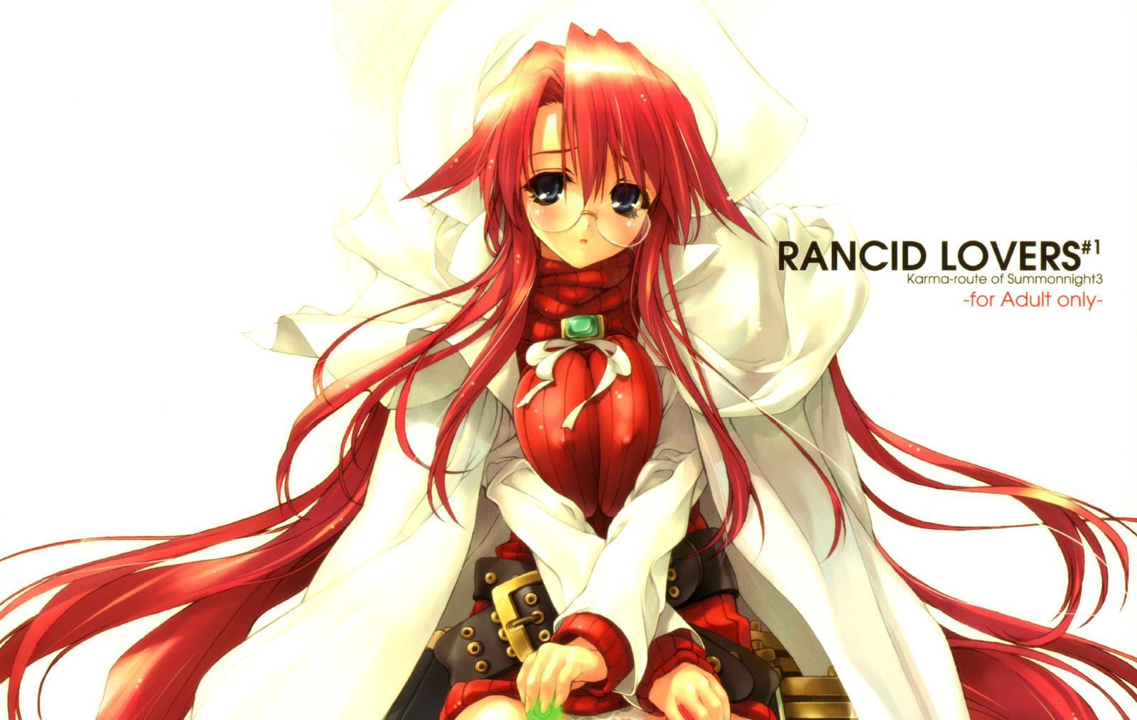 miwa yoshikazu, aty, aty (summon night), summon night, summon night 3, highres, 1girl, belt, blue eyes, blush, breast press, breasts, breasts squeezed together, coat, cover, covered erect nipples, dress, female focus, glasses, hat, large breasts, long hair, red hair, short dress, solo, trench coat, very long hair