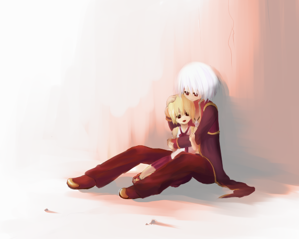 priest (ragnarok online), taekwon (ragnarok online), ragnarok online, commentary request, 1boy, 1girl, black coat, blonde hair, brown eyes, brown pants, brown shoes, closed mouth, coat, full body, hug, long sleeves, looking at another, open mouth, pants, red eyes, shirt, shoes, short hair, sitting, smile, tagune325, white background, white hair, white shirt