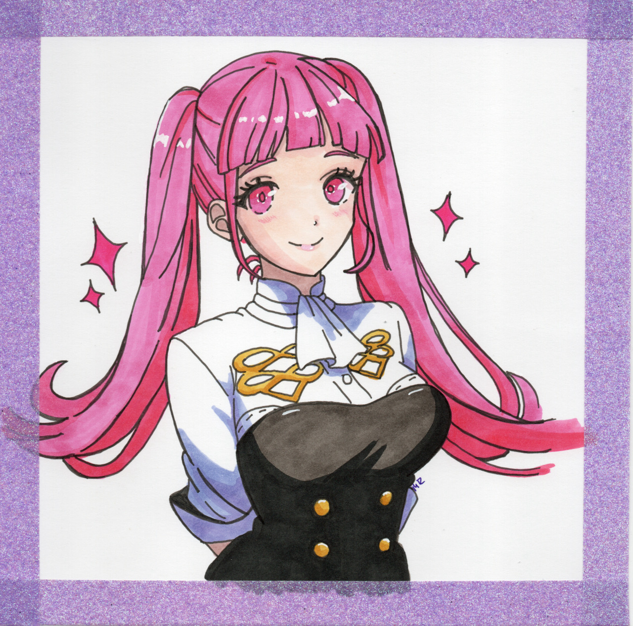 nekomoni, hilda valentine goneril, fire emblem, fire emblem: three houses, nintendo, highres, 1girl, blunt bangs, breasts, closed mouth, garreg mach monastery uniform, large breasts, long hair, looking at viewer, pink eyes, pink hair, smile, solo, twintails
