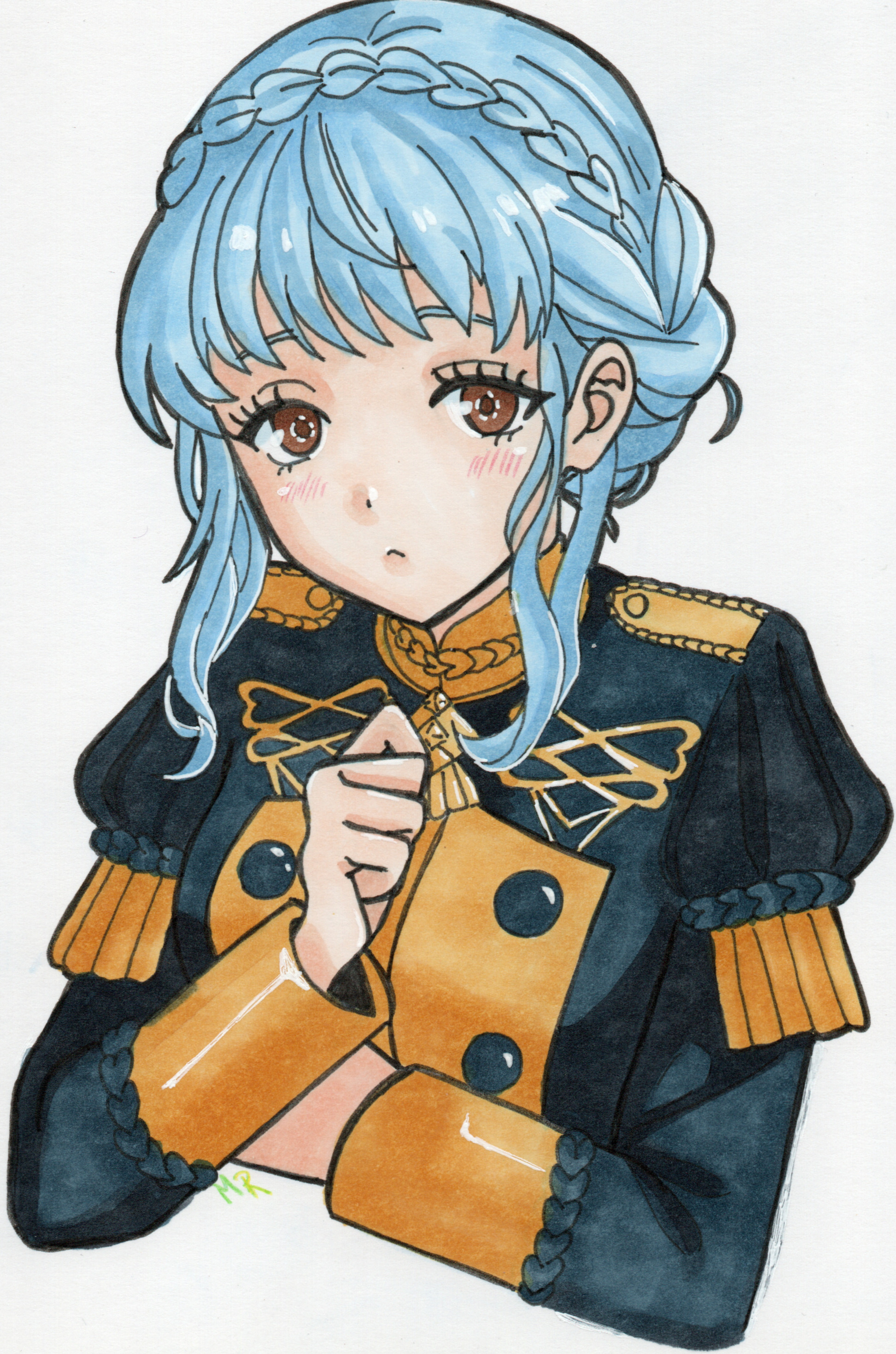 nekomoni, marianne von edmund, fire emblem, fire emblem: three houses, nintendo, absurdres, highres, 1girl, blue hair, braid, breasts, brown eyes, brown hair, closed mouth, crown braid, garreg mach monastery uniform, looking at viewer, medium breasts, solo