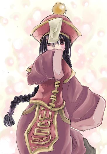 munak, ragnarok online, commentary request, 1girl, 2000s (style), black hair, braid, brown eyes, brown shirt, brown skirt, covering own mouth, cowboy shot, dated commentary, hat, jiangshi, long hair, long sleeves, looking at viewer, open mouth, qingdai guanmao, re-na, red hat, red vest, shirt, single braid, skirt, sleeves past fingers, sleeves past wrists, solo, vest, wide sleeves