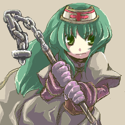 acolyte (ragnarok online), ragnarok online, commentary request, lowres, 1girl, brown background, capelet, chain, closed mouth, cowboy shot, dated commentary, gloves, green eyes, green hair, grey capelet, grey skirt, hat, holding, holding chain, long hair, long sleeves, looking at viewer, nurse cap, purple gloves, purple shirt, re-na, shirt, simple background, skirt, smile, solo