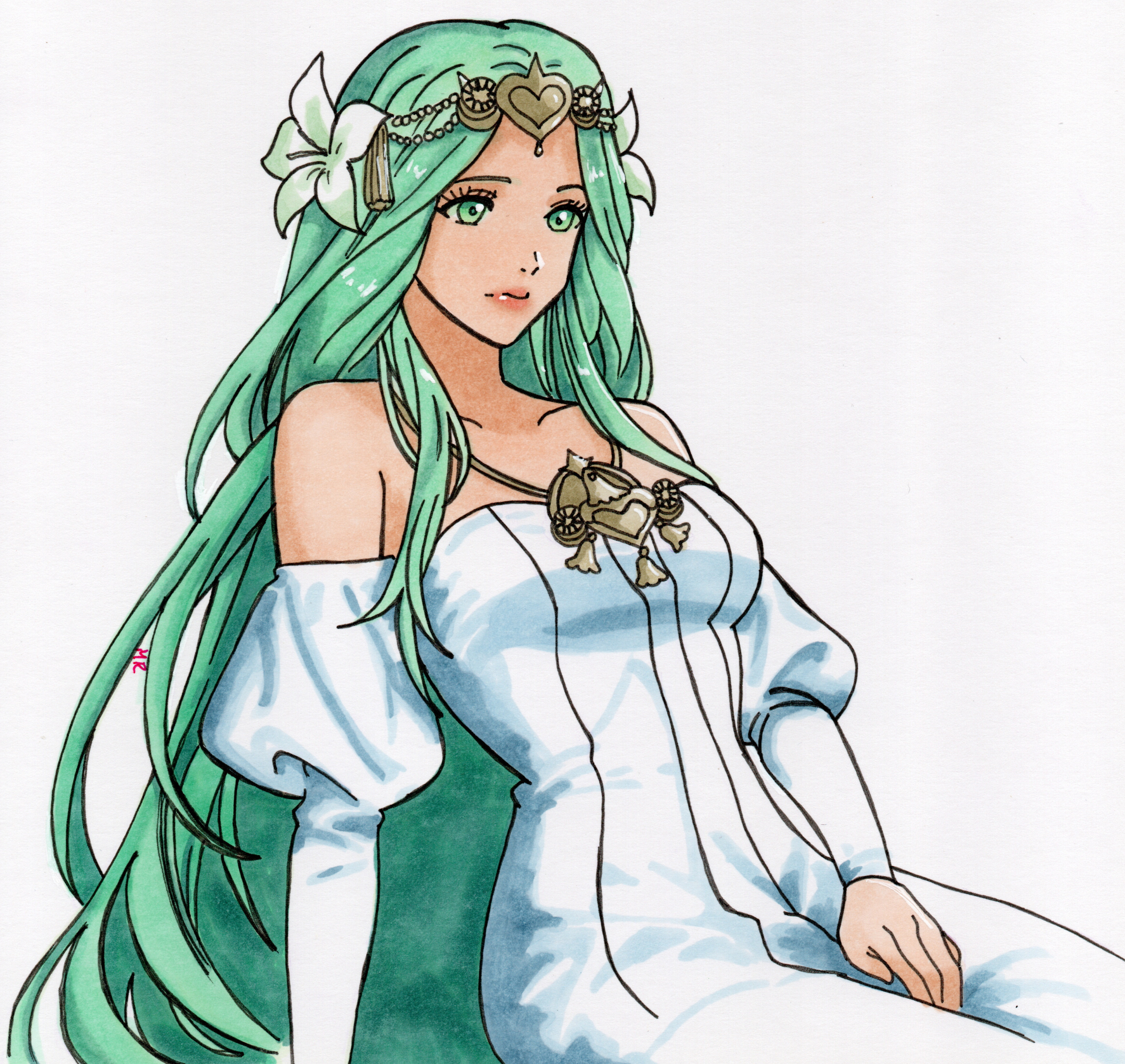 nekomoni, rhea (fire emblem), fire emblem, fire emblem: three houses, nintendo, absurdres, highres, 1girl, breasts, closed mouth, dress, flower, green eyes, green hair, hair flower, hair ornament, long hair, looking at viewer, medium breasts, official alternate costume, solo, white dress