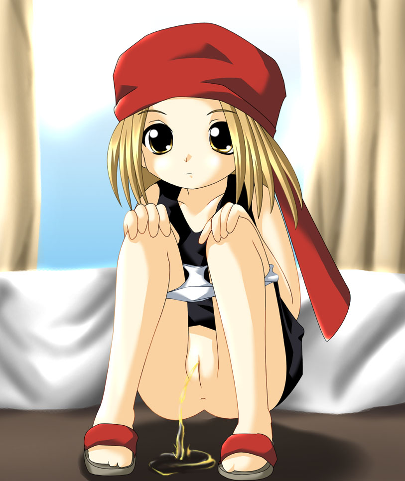 sana (kerarino), kyouyama anna, shaman king, 1girl, anus, bed, black dress, black sandals, blonde hair, cleft of venus, clothes pull, cloud, collarbone, dress, female focus, flat chest, hands on own knees, hat, headscarf, loli, long hair, panties, pantyhose, pantyhose pull, peeing, puddle, pussy, red headscarf, sandals, sky, sleeveless, sleeveless dress, squatting, uncensored, underwear, white panties, yellow eyes