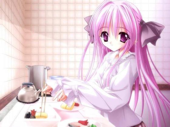 blouse, food, hair ribbon, kitchen, long hair, purple eyes, purple hair, ribbon, shirt