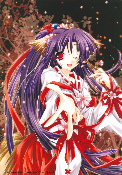 hair ribbon, happy, japanese clothes, kimono, long hair, purple hair, red eyes, ribbon, wink