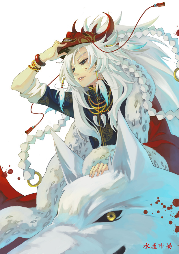 suisan shijou, bad id, bad pixiv id, 1girl, animal, blood, braid, coat, female focus, fur coat, green eyes, jewelry, long hair, mask, necklace, solo, white hair, wolf