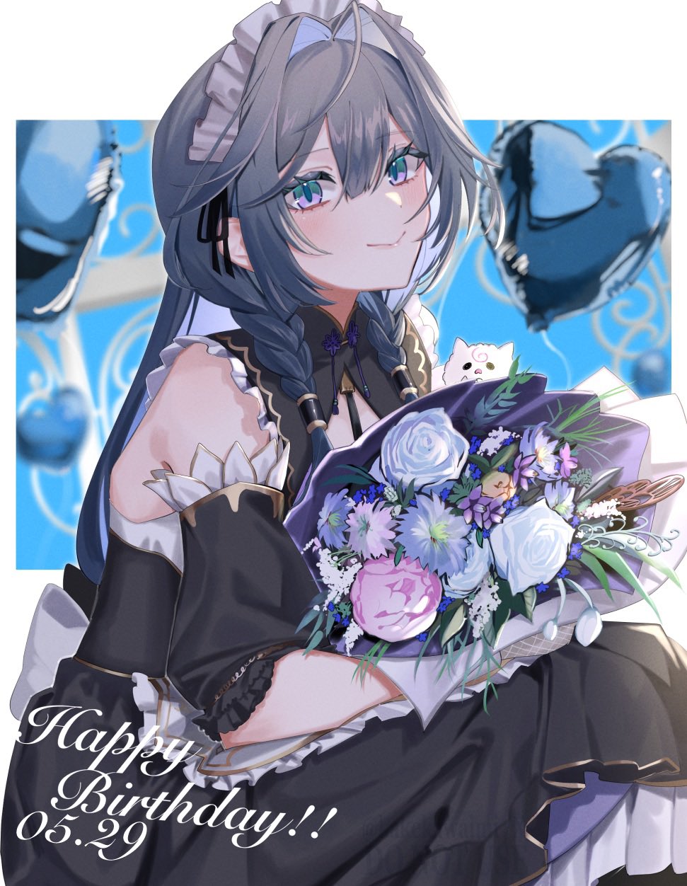kakekawaimi, kisara (nijisanji), nijisanji, highres, 1girl, balloon, black dress, blurry, blurry background, bouquet, braid, closed mouth, dated, dress, flower, grey eyes, grey hair, hair intakes, hair tubes, happy birthday, heart balloon, holding, holding bouquet, long hair, maid headdress, pink flower, purple flower, rose, smile, twin braids, twitter username, watermark, white flower, white rose
