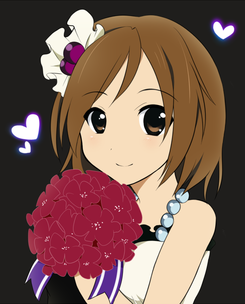 amagu, hirasawa yui, don't say "lazy", k-on!, bad id, bad pixiv id, 00s, 1girl, bouquet, brown eyes, brown hair, female focus, flower, short hair, simple background, solo