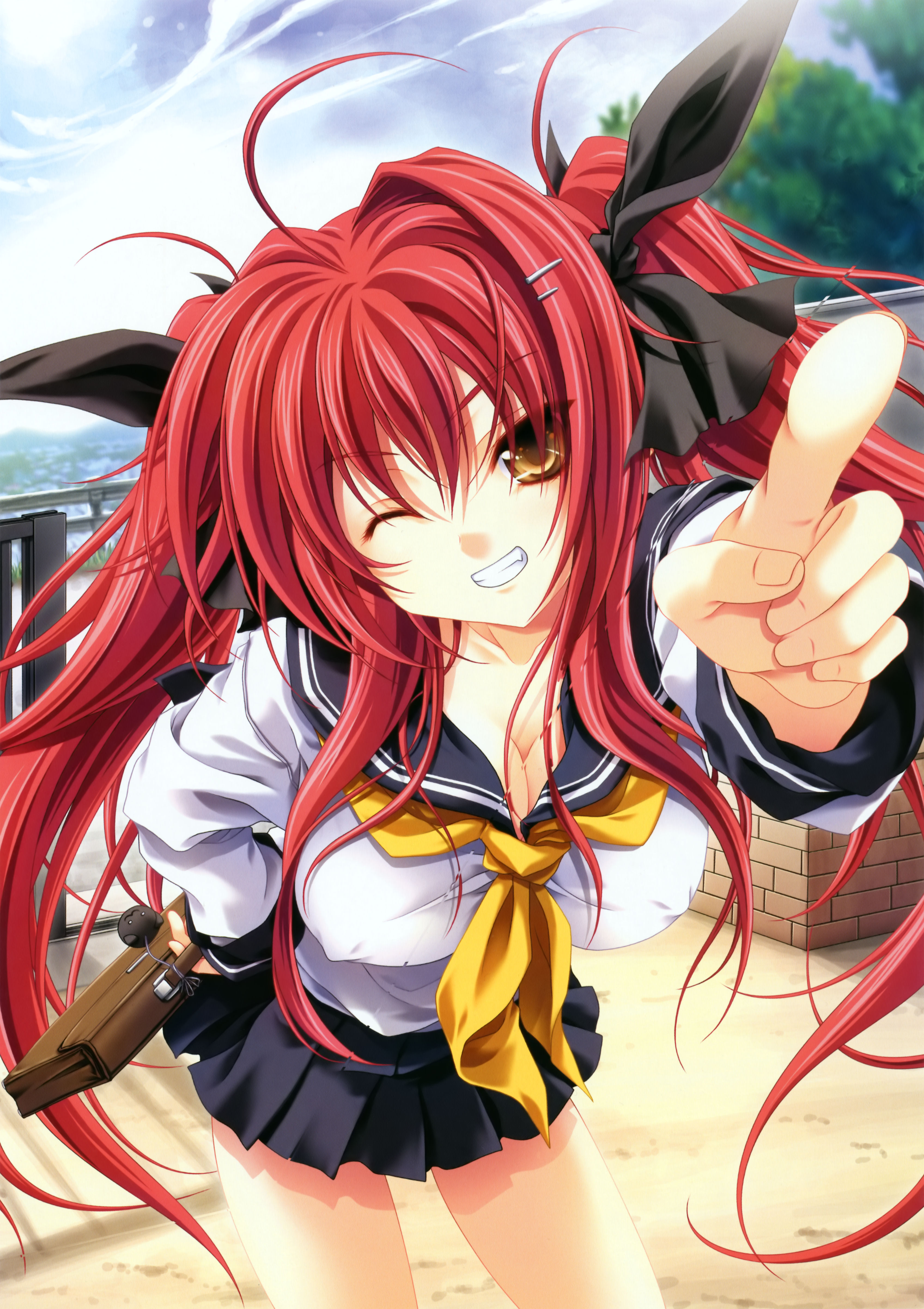 miyama-zero, absurdres, highres, 1girl, female focus, hair ribbon, one eye closed, red hair, ribbon, school uniform, serafuku, solo, twintails, wink, yellow eyes