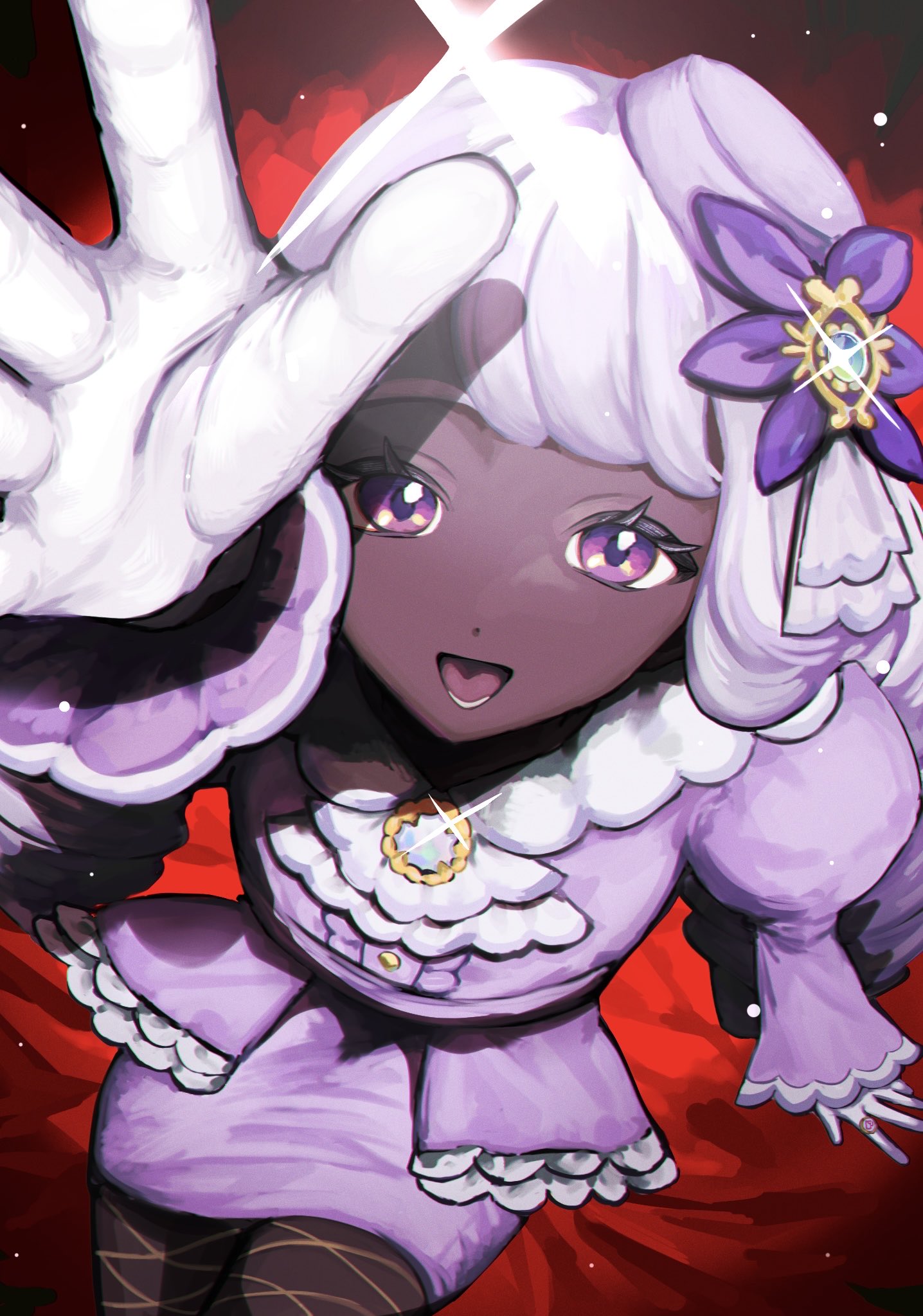 jacinthe (pokemon), nintendo, pokemon, pokemon legends: z-a, highres, 1girl, aoichi9, arm up, ascot, brooch, cowboy shot, dark-skinned female, dark skin, dress, fascinator, fishnet pantyhose, fishnets, frilled ascot, frills, from above, gem, glint, jewelry, juliet sleeves, long hair, long sleeves, looking at viewer, looking up, low drills, mega stone, open mouth, outstretched arm, outstretched hand, pantyhose, puffy sleeves, purple dress, purple eyes, purple hair, reaching, reaching towards viewer, red background, smile, solo, very dark skin