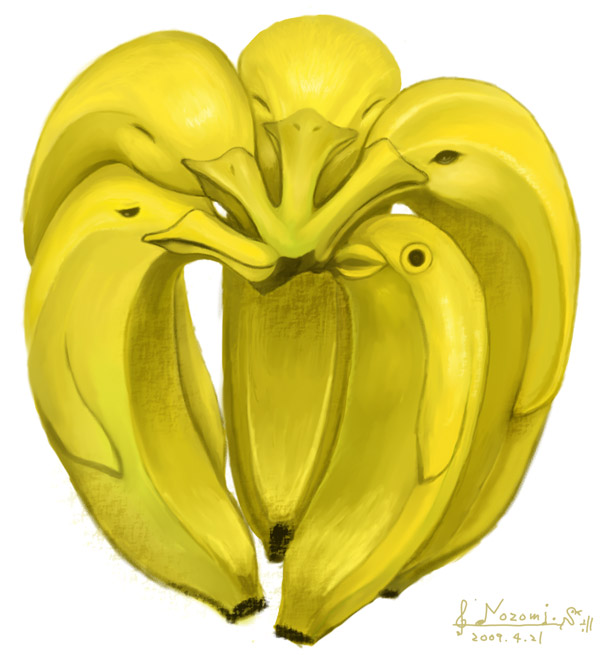 shibuzoh, original, ^ ^, artist name, banana, bird, black eyes, closed eyes, closed mouth, creature, dated, food, food-themed creature, food focus, fruit, half-closed eyes, musical note, signature, treble clef, yellow theme