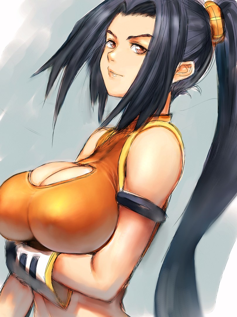 fumio (rsqkr), female fighter (dungeon and fighter), ryunmei, dungeon and fighter, 00s, 1girl, armlet, black hair, breasts, cleavage, cleavage cutout, clothing cutout, female focus, gloves, huge breasts, jewelry, long hair, ponytail, red eyes, revealing clothes, solo