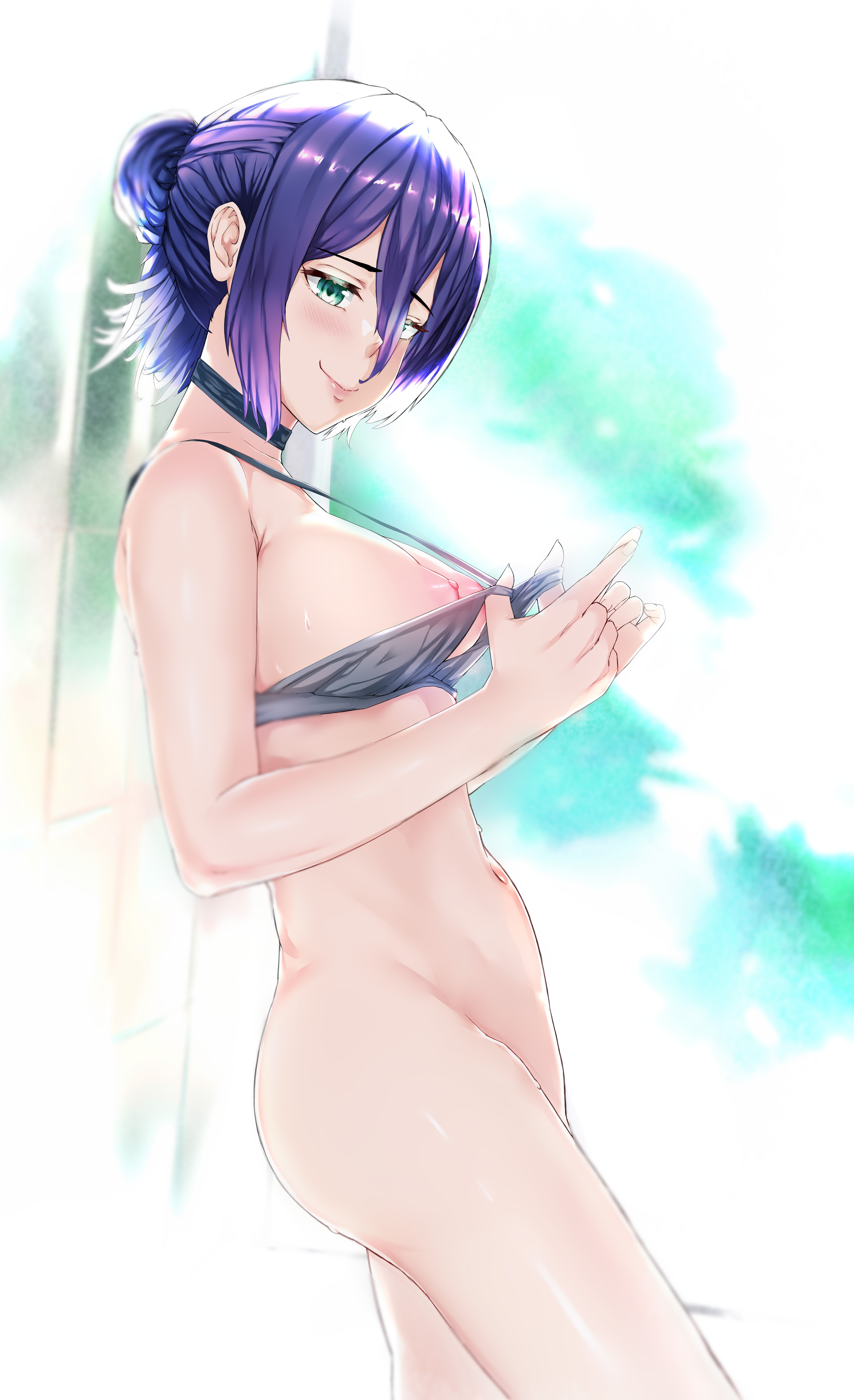 cyansan, reze (chainsaw man), chainsaw man, absurdres, highres, 1girl, bottomless, bra, bra pull, breasts, closed mouth, clothes pull, green eyes, grey bra, hair between eyes, hair bun, medium breasts, navel, nipples, pulling own clothes, purple hair, smile, solo, underwear