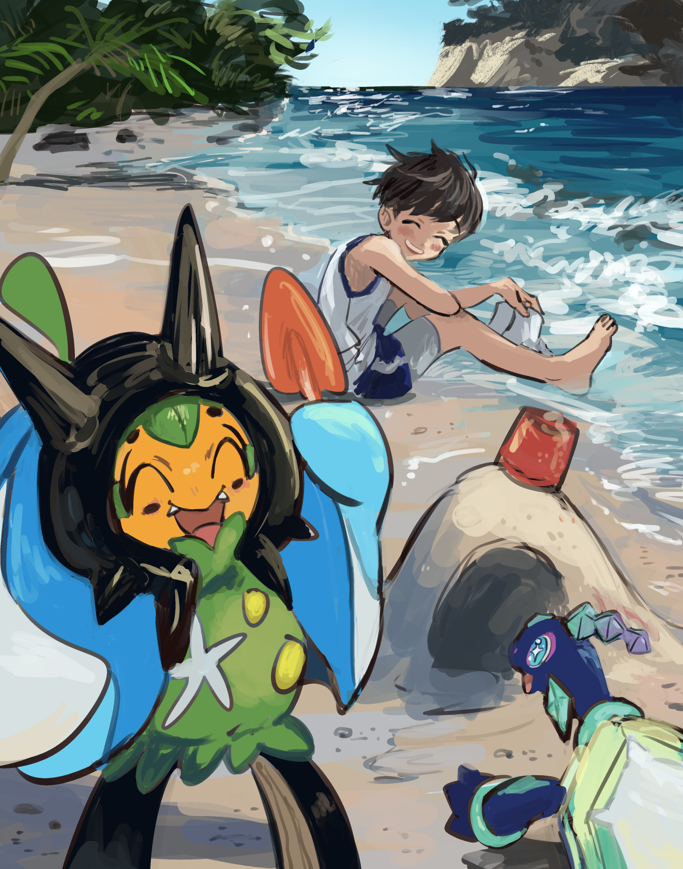 assassinookayu, florian (pokemon), ogerpon, ogerpon (wellspring mask), terapagos, terapagos (normal), nintendo, pokemon, pokemon sv, highres, 1boy, ^ ^, barefoot, beach, black hair, blue sky, blush, closed eyes, day, fangs, holding, ocean, open mouth, outdoors, pokemon (creature), sand, sand sculpture, shorts, sitting, sky, tank top, tree, water