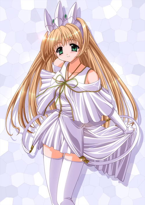 blush, brown hair, crown, dress, green eyes, long hair, smile