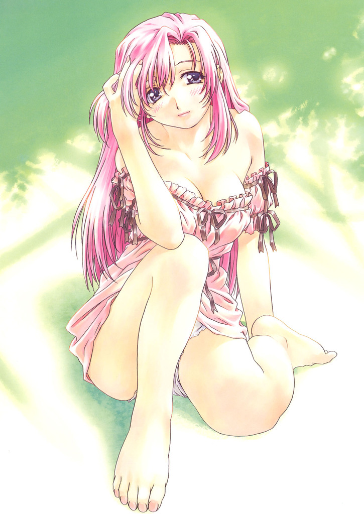 hayashiya shizuru, uon taraku, kazami mizuho, onegai teacher, scan, 00s, 1girl, bare shoulders, barefoot, blush, breasts, cleavage, collarbone, feet, female focus, lingerie, long hair, looking at viewer, medium breasts, nightgown, panties, pink hair, pink nightgown, purple eyes, sitting, solo, toes, underwear, white panties