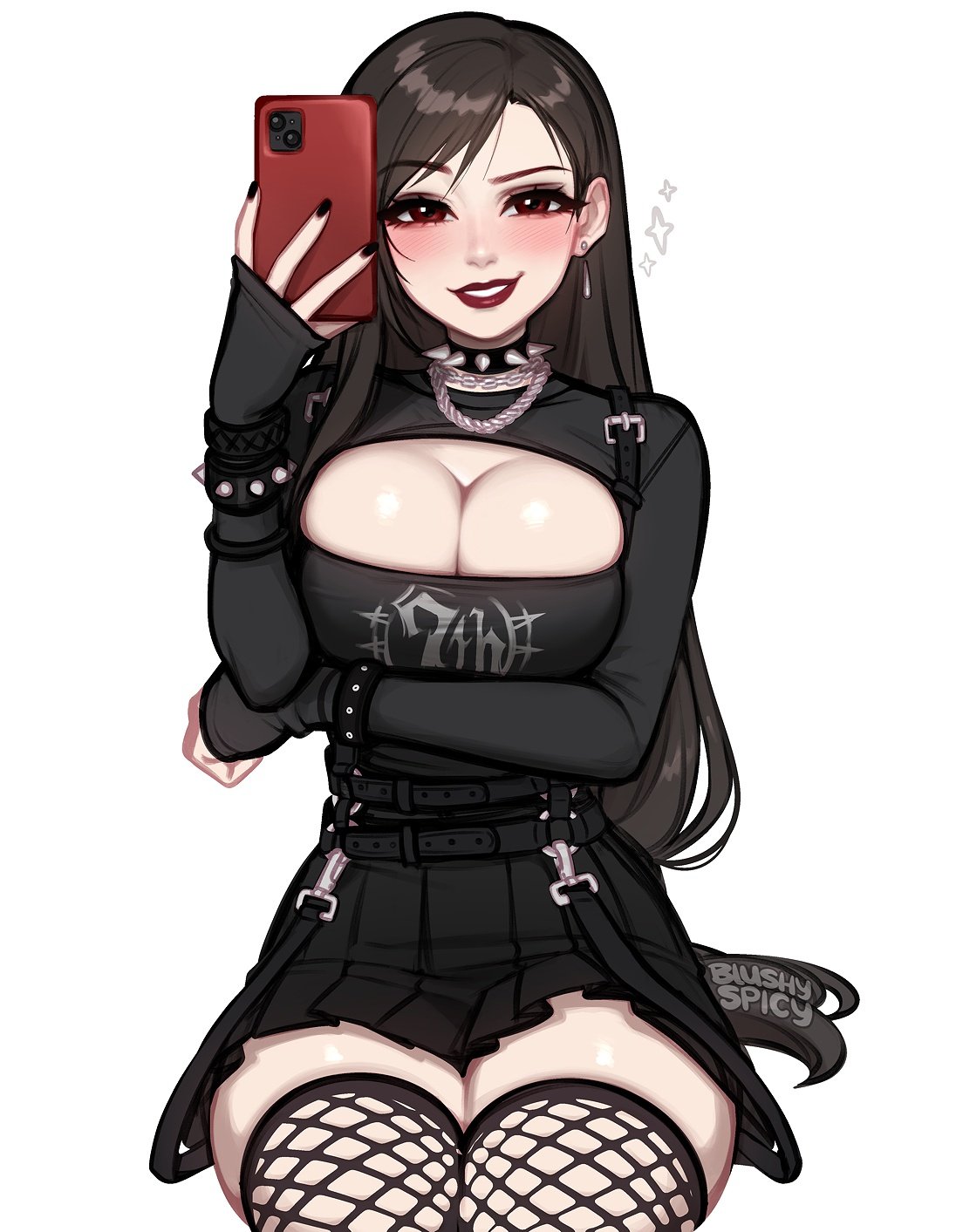 blushyspicy, tifa lockhart, final fantasy, final fantasy vii, commentary, english commentary, highres, 1girl, alternate costume, arm under breasts, black choker, black hair, black nails, breasts, choker, cleavage, earrings, fishnet thighhighs, fishnets, gloves, gothic lolita, jewelry, large breasts, lolita fashion, long hair, looking at viewer, red eyes, red lips, selfie, smile, solo, spiked choker, spikes, teeth, thighhighs