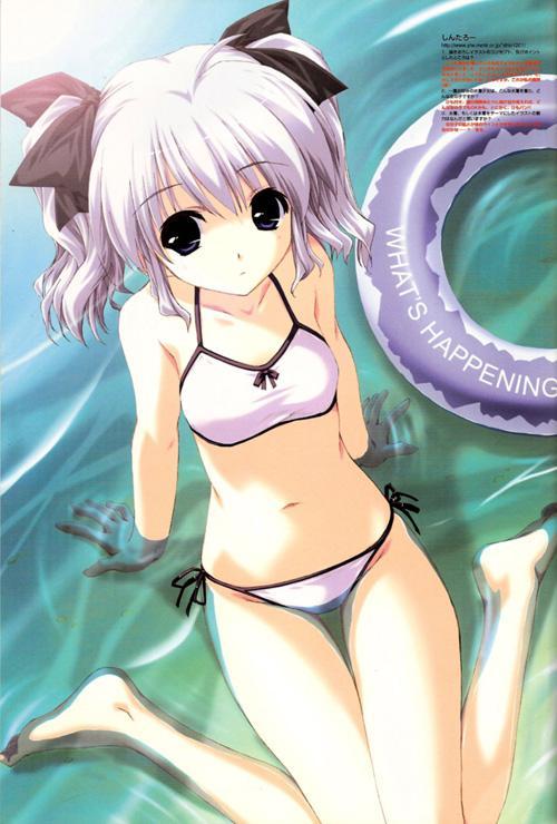 beach, bikini, black eyes, bow, hair bow, innertube, navel, purple hair, short hair, swim ring, swimsuit