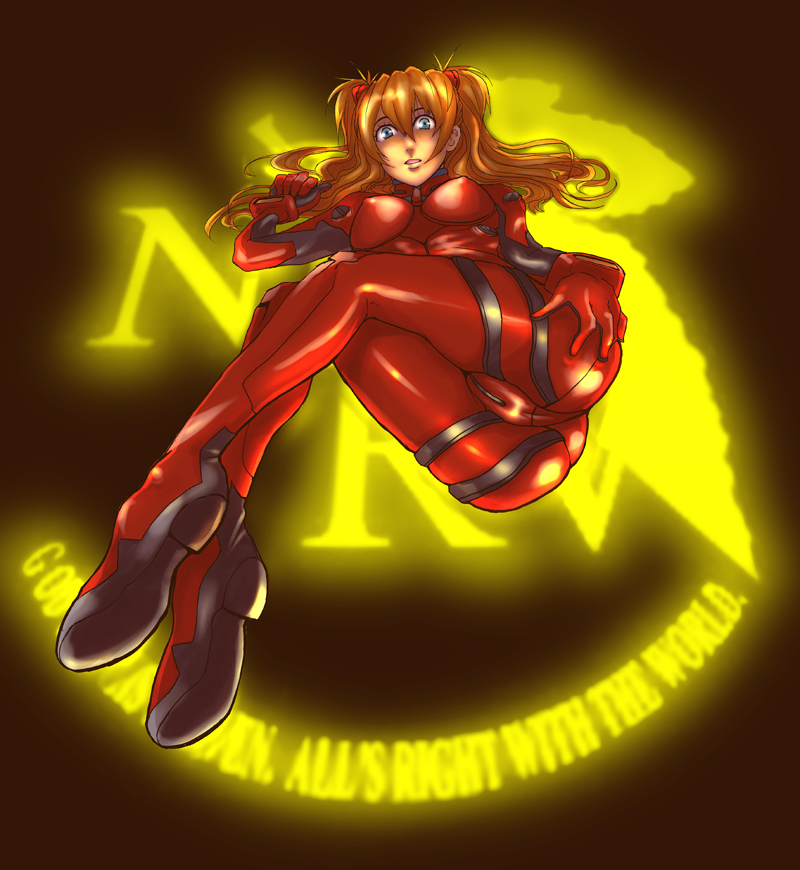 alpha (smashbox), arufa, souryuu asuka langley, neon genesis evangelion, bad id, bad pixiv id, 1girl, ass, blue eyes, breasts, covered erect nipples, female focus, full body, glowing, grabbing own ass, hair ornament, hairclip, long hair, lying, mecha pilot suit, neon lights, nerv, orange hair, plugsuit (evangelion), skin tight, small breasts, solo