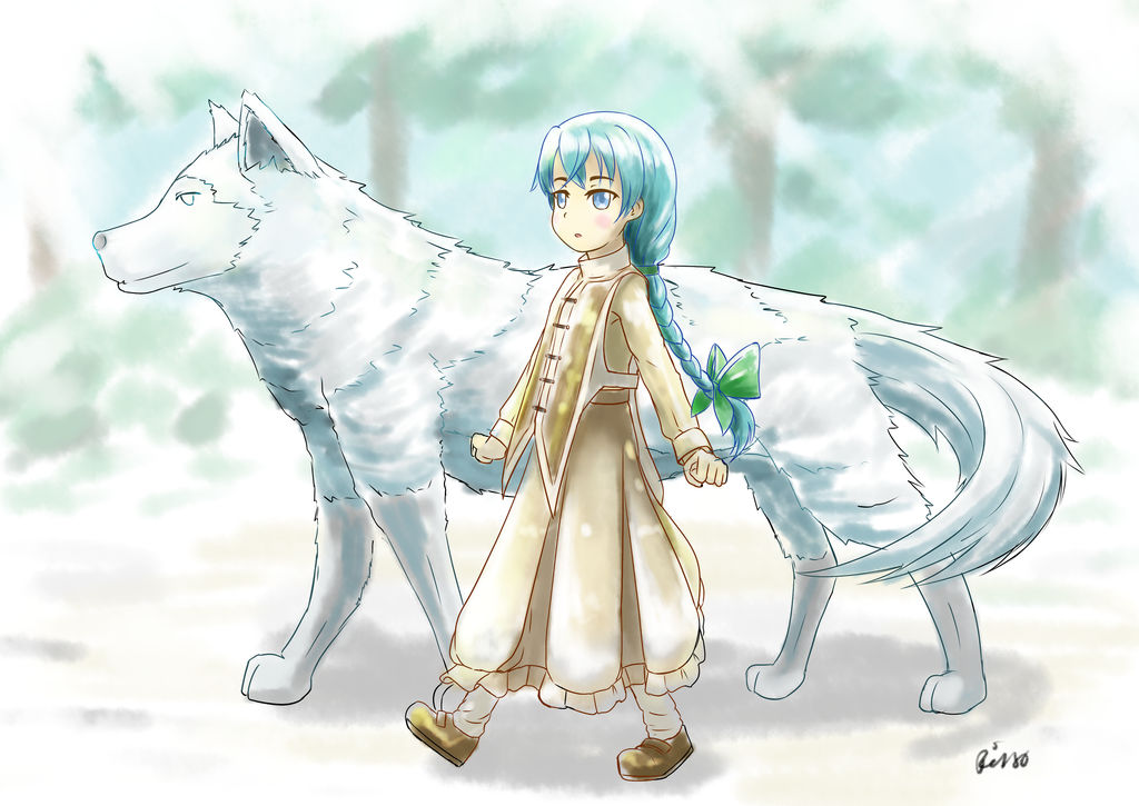 reiss atelier, lara greyrat, leo (mushoku tensei), mushoku tensei, 1girl, animal, blue eyes, blue hair, bow, dog, dress, forest, green bow, looking at viewer, nature, outdoors, oversized animal, tree, yellow dress