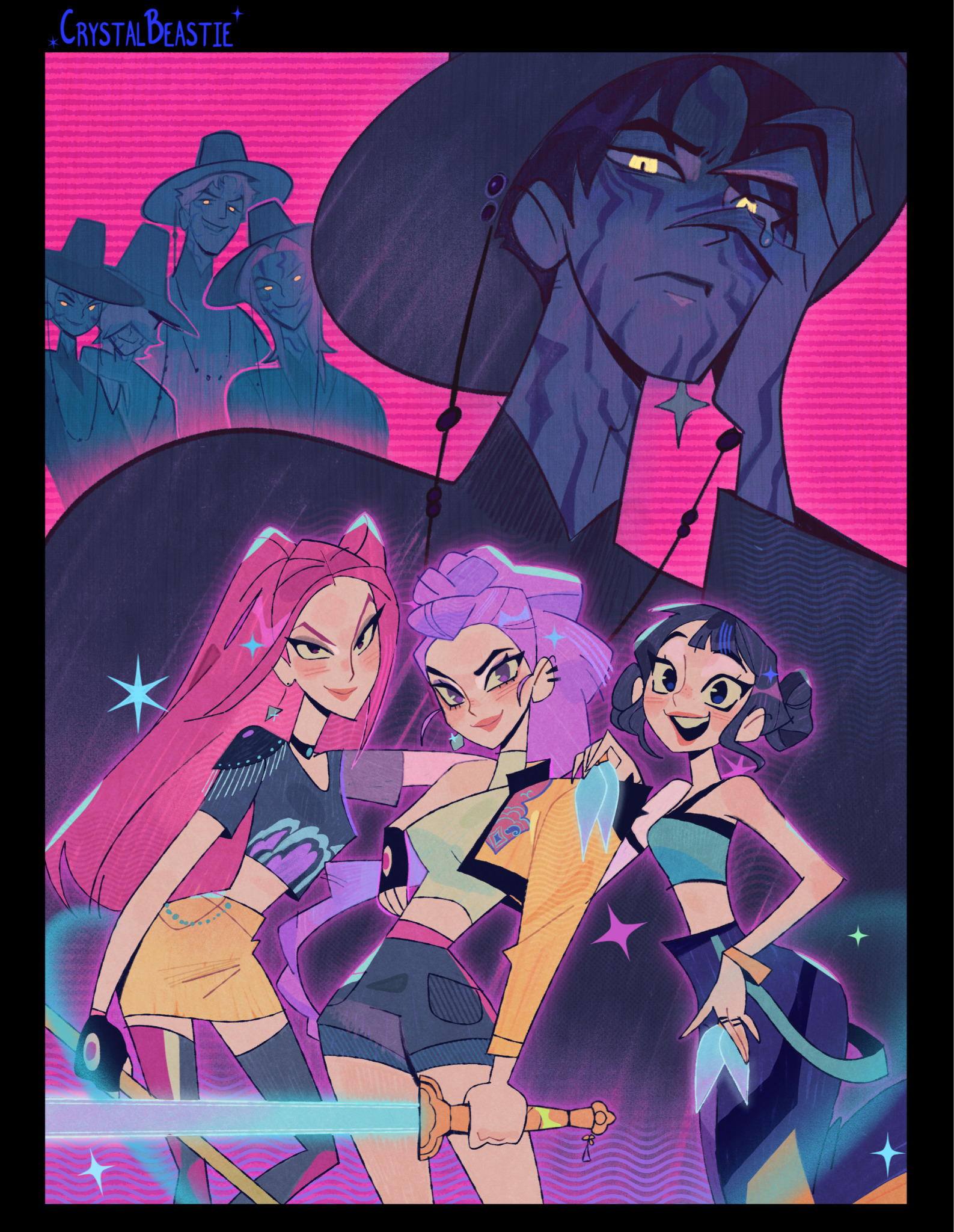 crystalbeastie, abby (kpop demon hunters), baby (kpop demon hunters), jinu (kpop demon hunters), mira (kpop demon hunters), mystery (kpop demon hunters), romance (kpop demon hunters), rumi (kpop demon hunters), zoey (kpop demon hunters), kpop demon hunters, commentary, english commentary, highres, 3girls, 5boys, black border, black hair, blue eyes, body markings, border, bracelet, closed mouth, cropped jacket, demon, double bun, earrings, facial mark, fingernails, gat (hat), hair bun, halterneck, hat, holding, holding polearm, holding sword, holding weapon, jewelry, long fingernails, long hair, looking at viewer, multiple boys, multiple girls, pink background, polearm, purple hair, ring, short hair, shorts, sidelocks, simple background, skirt, smile, sparkle, sword, turtleneck, twintails, weapon, yellow eyes, yellow skirt