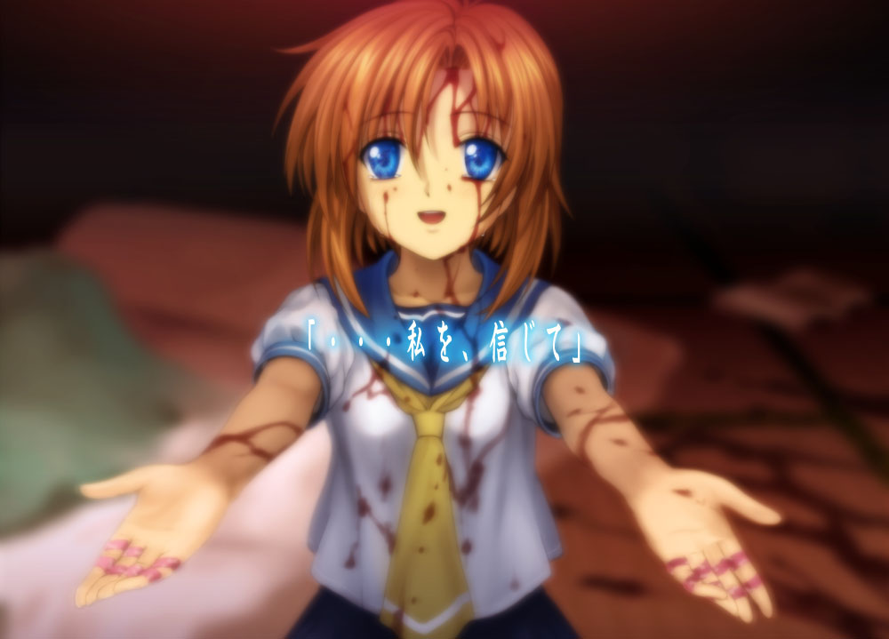 mutsuki (moonknives), ryukishi07, ryuuguu rena, higurashi no naku koro ni, onikakushi-hen, translated, 00s, 1girl, bad end, bandaid, believe in me, blood, blood stain, blue eyes, blurry, brown hair, female focus, foreshortening, necktie, orange hair, outstretched arms, school uniform, serafuku, short hair, solo, spread arms, tears