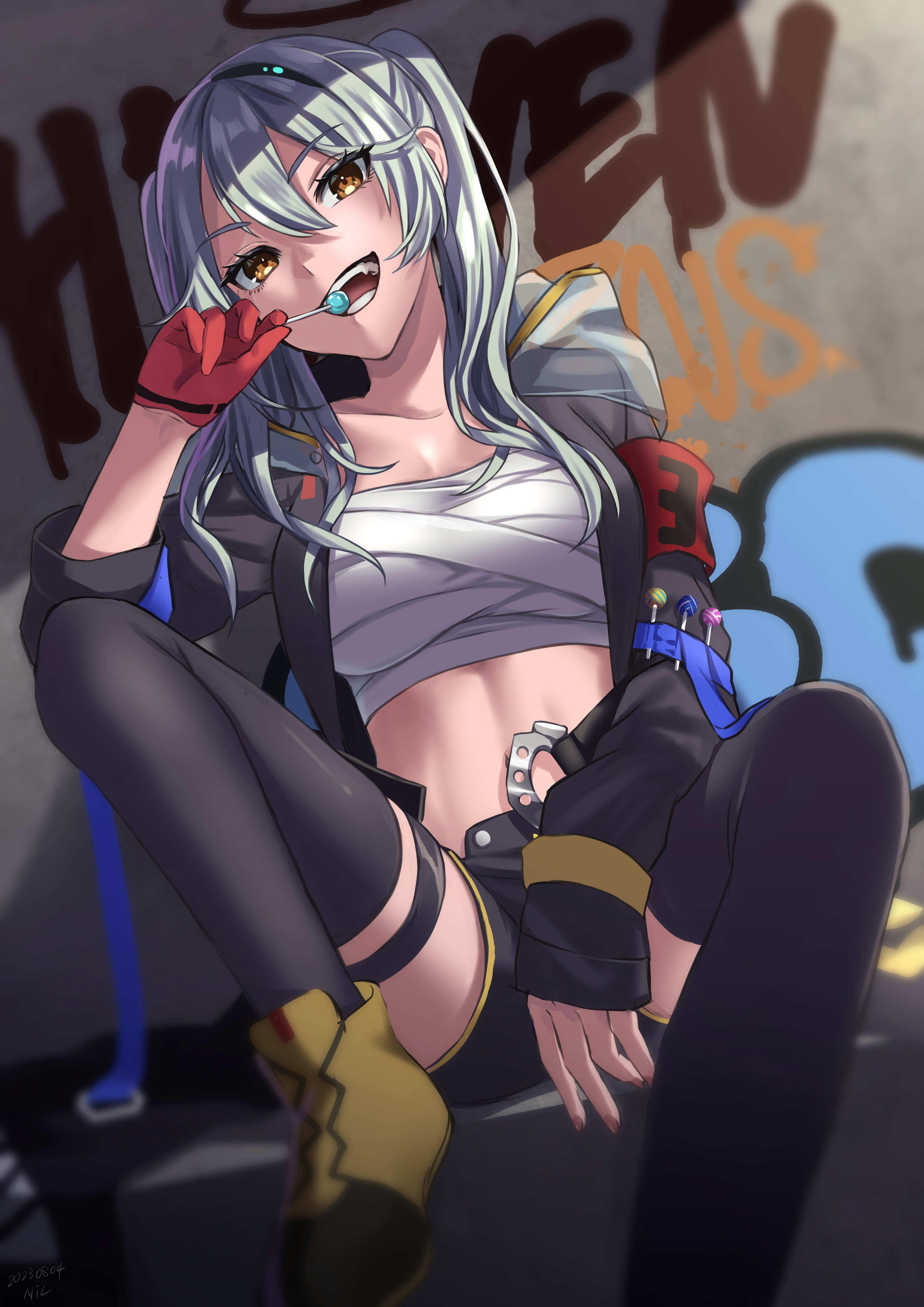 nil (pixiv 53614557), kurozawa maki, heaven burns red, absurdres, highres, 1girl, armband, bandages, black jacket, black shorts, black thighhighs, breasts, brown eyes, candy, chest sarashi, collarbone, fangs, food, gloves, graffiti, grey hair, hair between eyes, hair ornament, holding, holding candy, holding food, holding lollipop, hood, hood down, jacket, lollipop, long hair, long sleeves, looking at viewer, medium breasts, midriff, navel, open clothes, open jacket, open mouth, red gloves, sarashi, short shorts, shorts, single glove, sitting, smile, solo, strapless, thigh strap, thighhighs, tube top, twintails, white tube top, yellow eyes