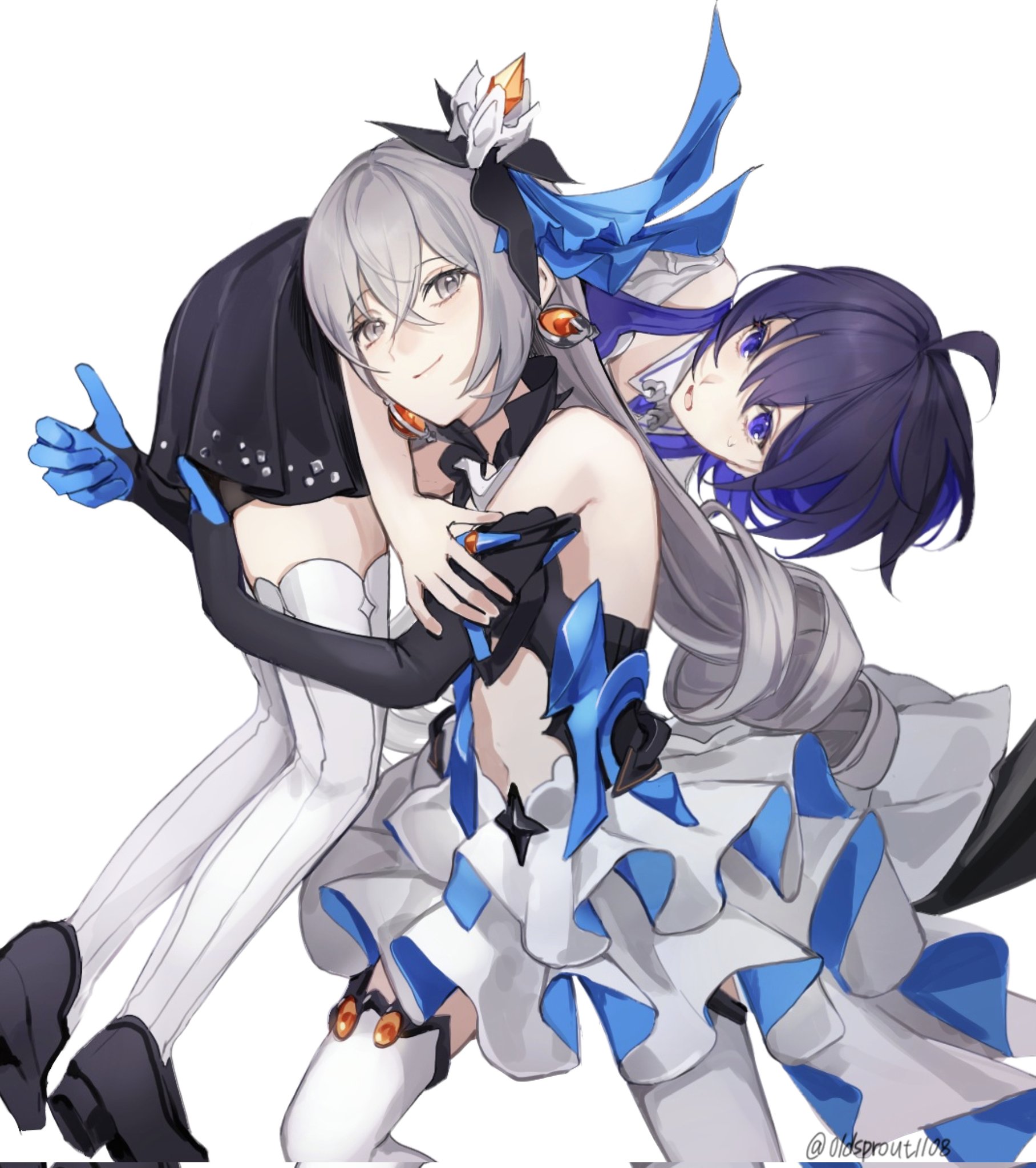 oldsprout1108, bronya zaychik, bronya zaychik (herrscher of reason), seele vollerei, seele vollerei (swallowtail phantasm), honkai (series), honkai impact 3rd, hashtag-only commentary, highres, 2girls, armor, armored dress, black hair, black skirt, blue eyes, breasts, carrying, carrying person, dress, drill hair, grey eyes, grey hair, high heels, long hair, multicolored hair, multiple girls, short hair, simple background, skirt, small breasts, thighhighs, two-tone hair, very long hair, white background, white dress, white thighhighs, yuri