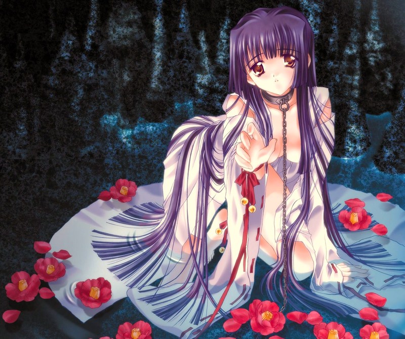 kuraki suzuna, kao no nai tsuki, 00s, blush, breasts, brown eyes, chain, cleavage, collar, long hair, purple hair, see-through clothes, thighhighs