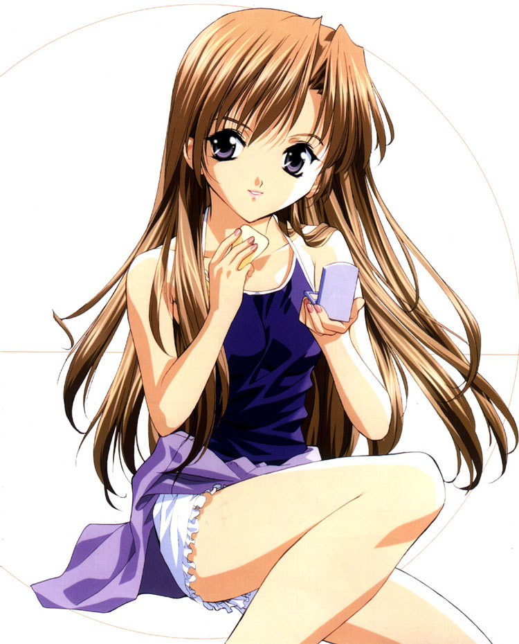 sakuya (sister princess), sister princess, 00s, brown hair, happy, lipstick, long hair, makeup, nail polish, purple eyes, simple background, sitting, solo, thighhighs