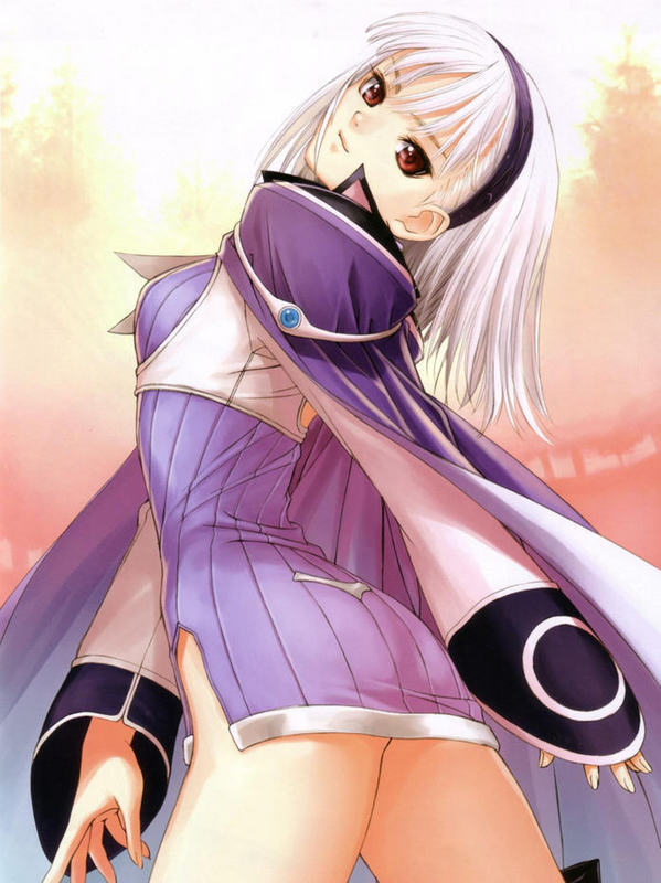 tony taka, blanc neige, sega, shining (series), shining tears, hairband, red eyes, short hair, thighhighs, turning head, white hair